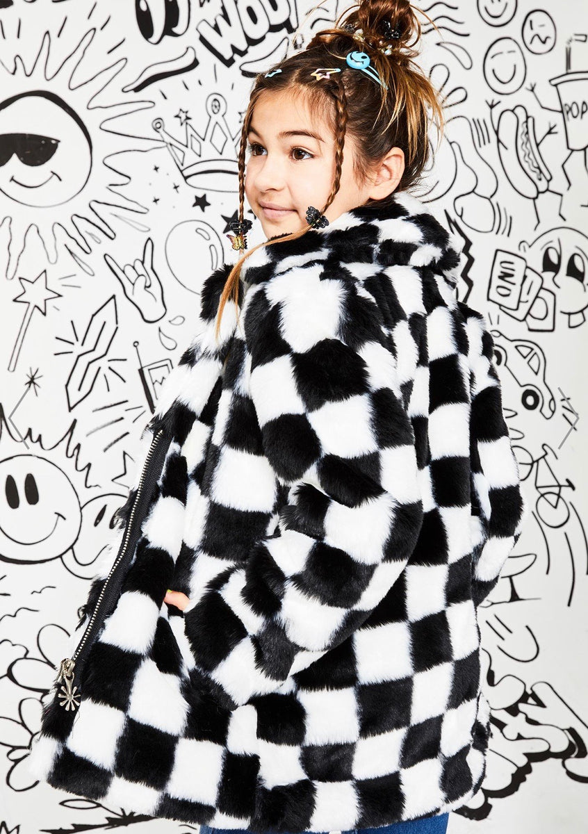 Black and white outlet checkered fur coat