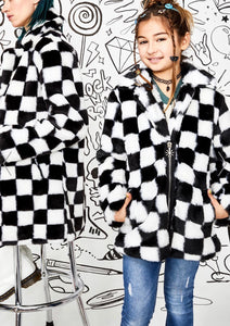 Black and White Checkered Color Fur Coat