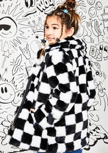 Black and White Checkered Color Fur Coat